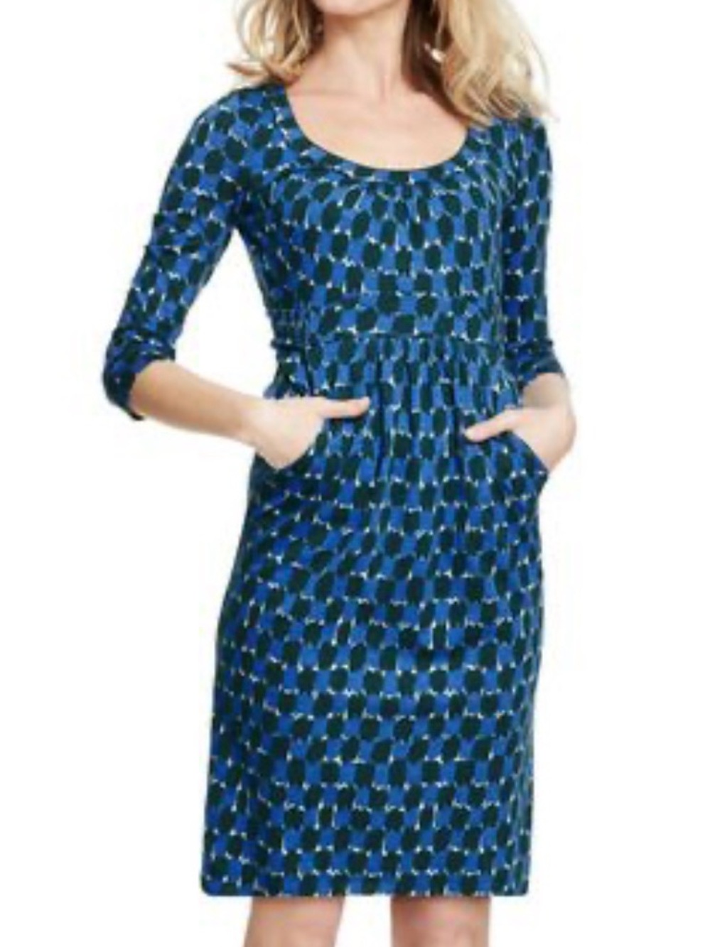 Boden Blue Geometric Scoop-Neck Long Sleeve Dress with Pockets Size Large